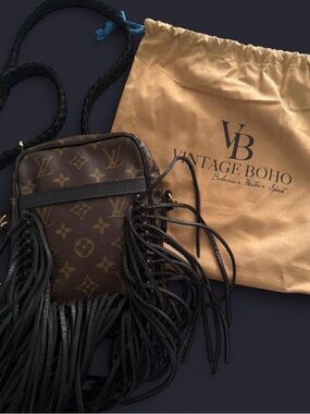 Vintage Boho- Brown Monogram Fringe Crossbody Bag
